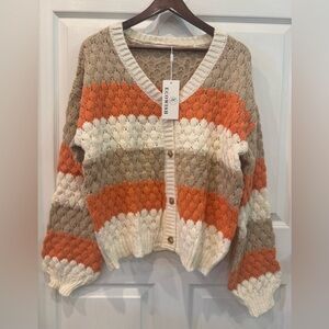 Ecowish Chunky Knit Cardigan Tan, Orange, Cream Stretchy Women’s Size XL